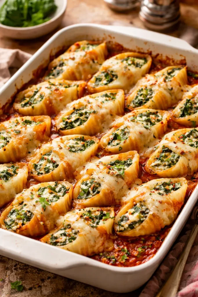 Jumbo stuffed shells with spinach and ricotta, baked with marinara and mozzarella
