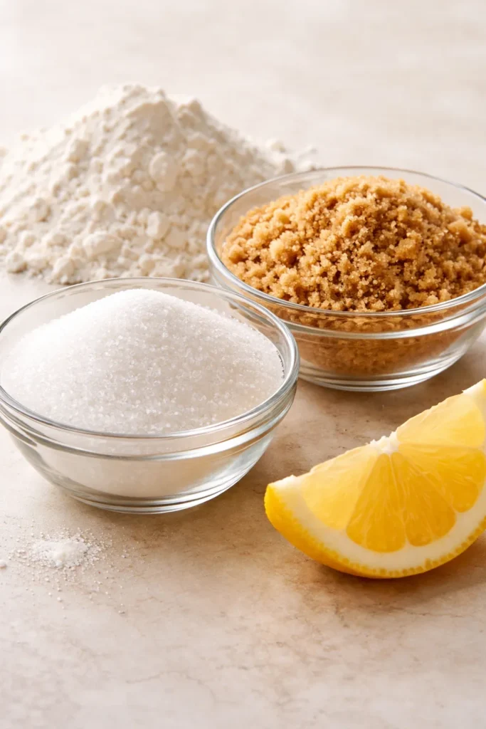 Close-up of sugar varieties and flour to show ingredient roles in apple pie filling.
