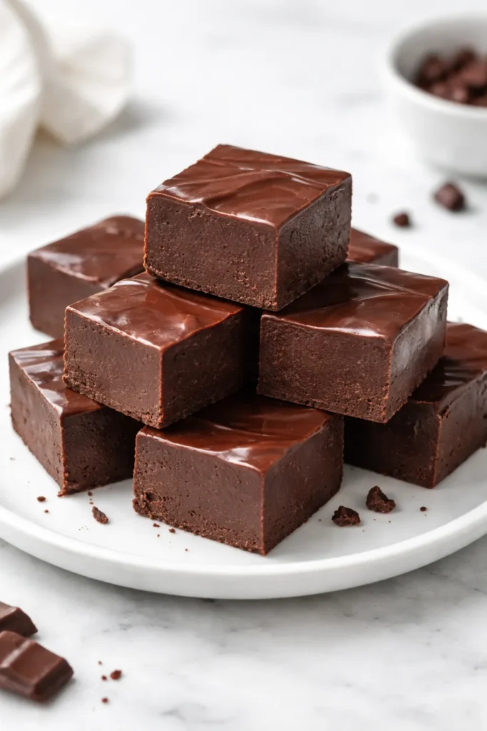 Dense sugar-free chocolate fudge square on plate