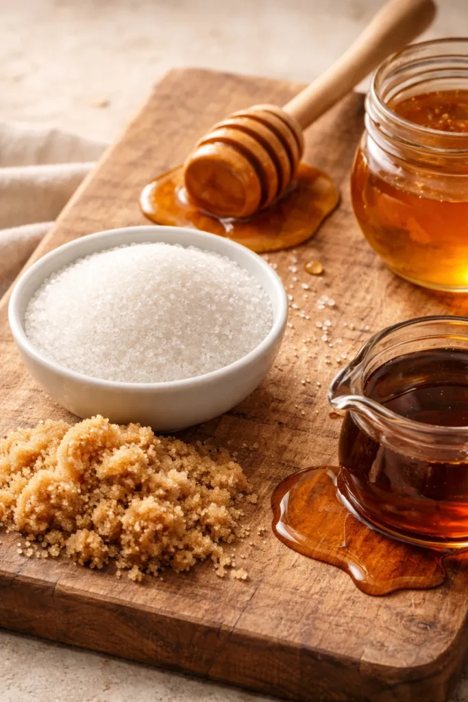 Assorted sugar types including white, brown, honey and maple syrup on wood