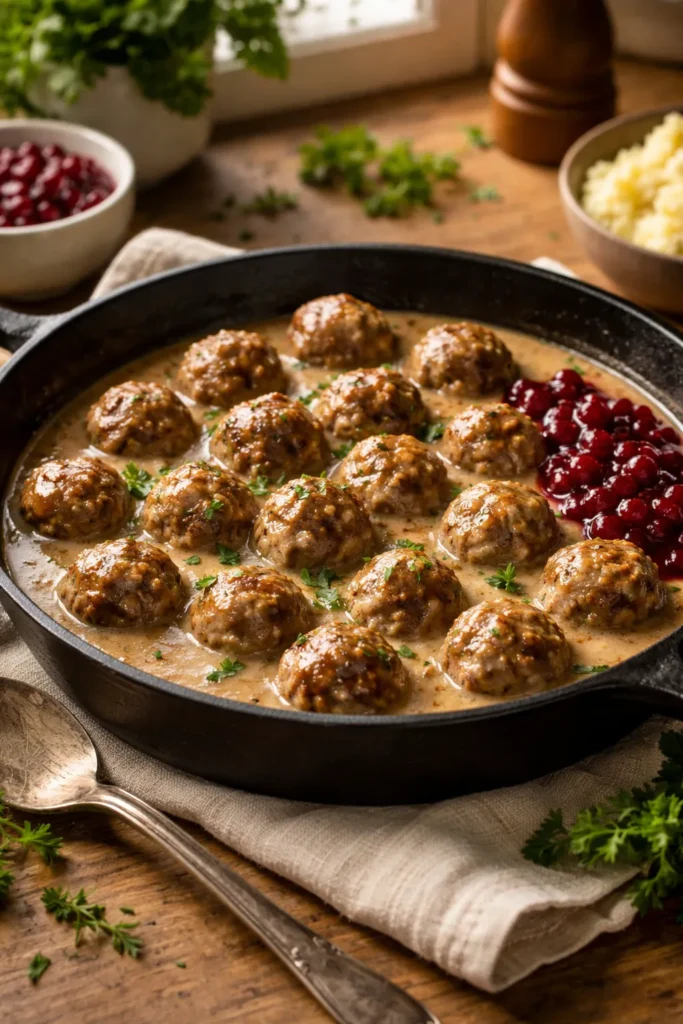 Small Swedish meatballs in cream gravy with lingonberry sauce in a skillet
