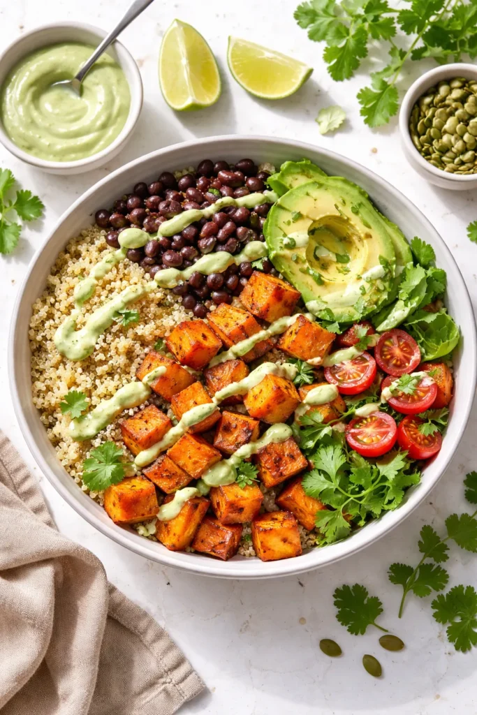Sweet potato, black beans, and quinoa bowl with avocado-lime dressing