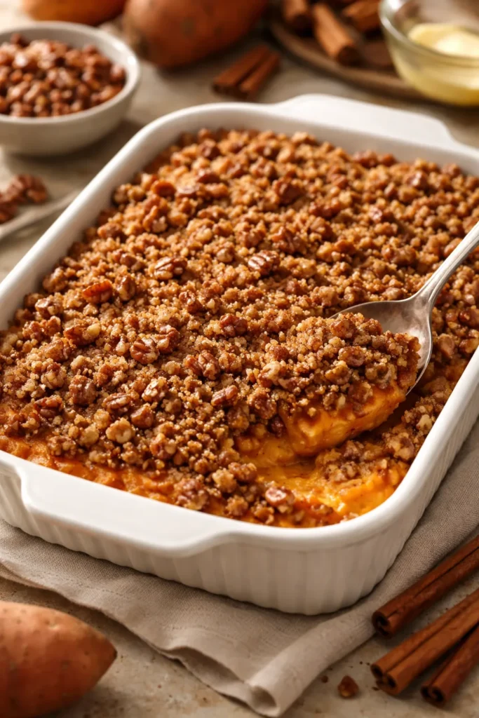 Close-up of a sweet potato casserole with brown sugar pecan crumble in a ceramic dish.