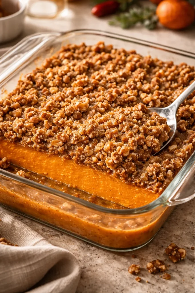 Sweet potato casserole with brown sugar walnut topping