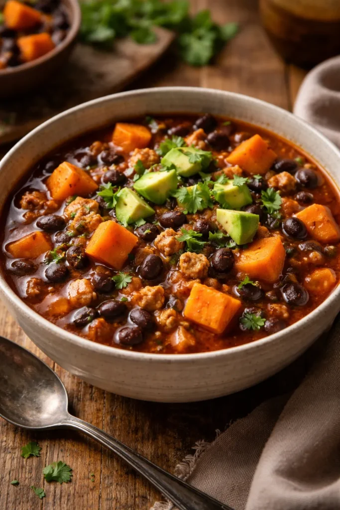 Close-up of chili with sweet potato, turkey, and black beans in a bowl