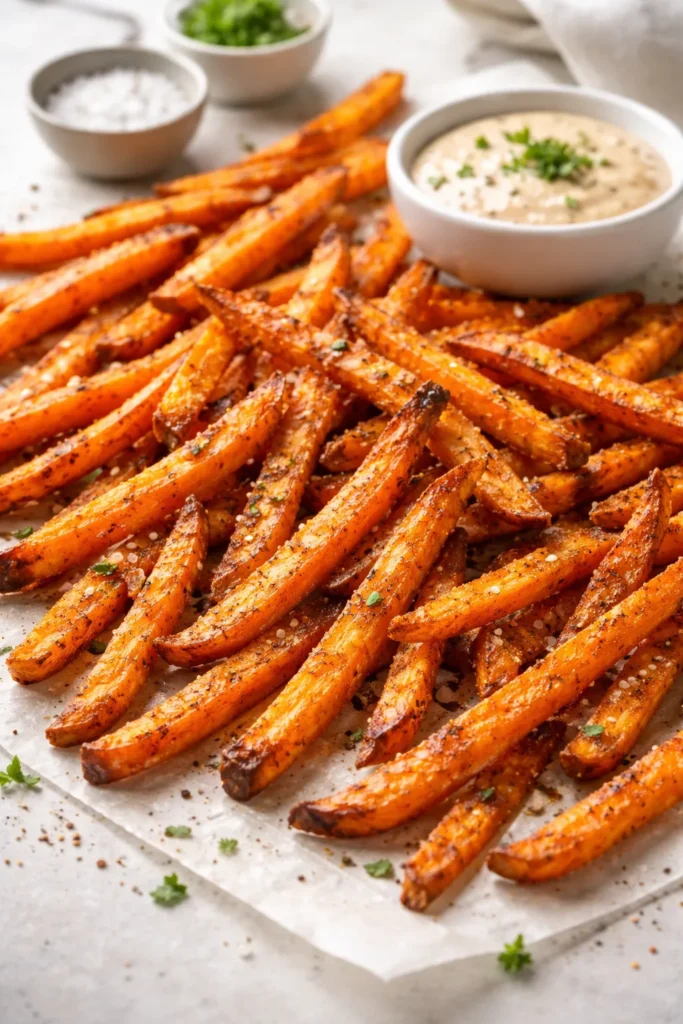 Crispy sweet potato fries on a light surface