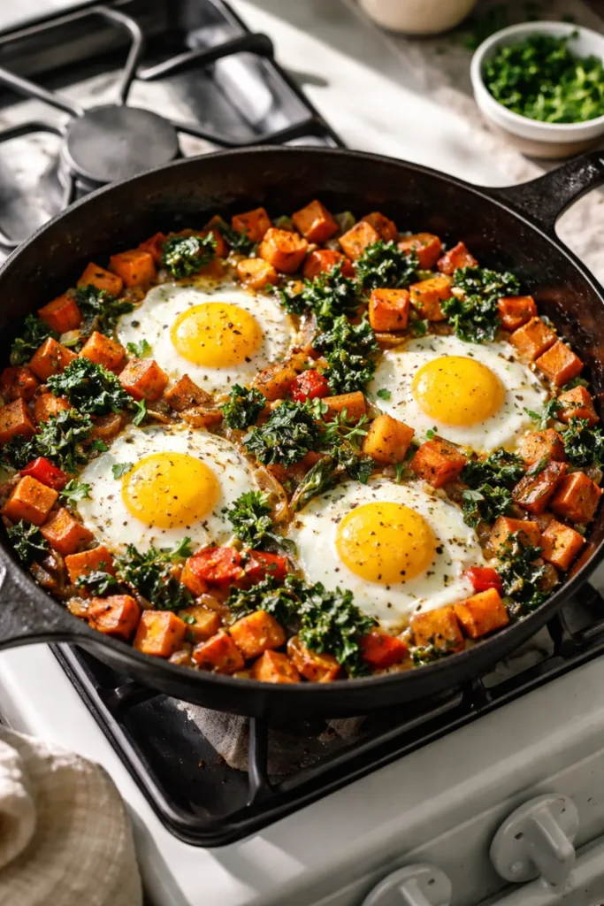 Skillet with sweet potato hash, onions, peppers, kale, and eggs