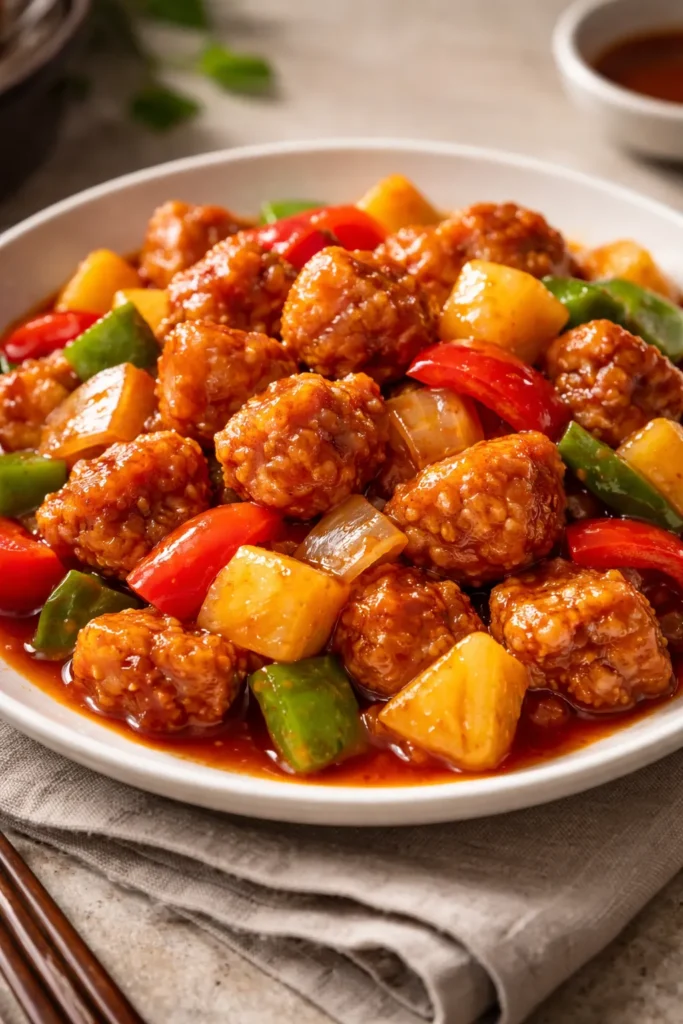 Crispy pork cubes in bright sweet and sour sauce with pineapple