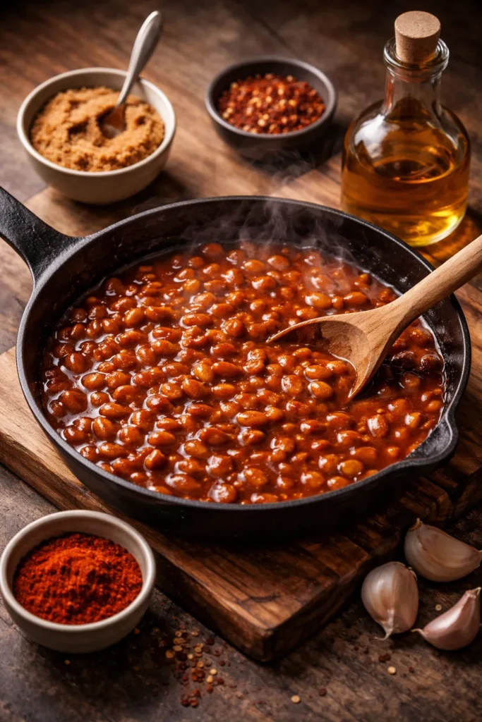 Glossy bean sauce simmering with small bowls of sugar and paprika and a vinegar bottle nearby.