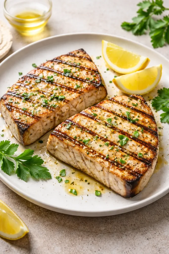 Swordfish steaks with olive oil sheen and grill marks on a plain plate