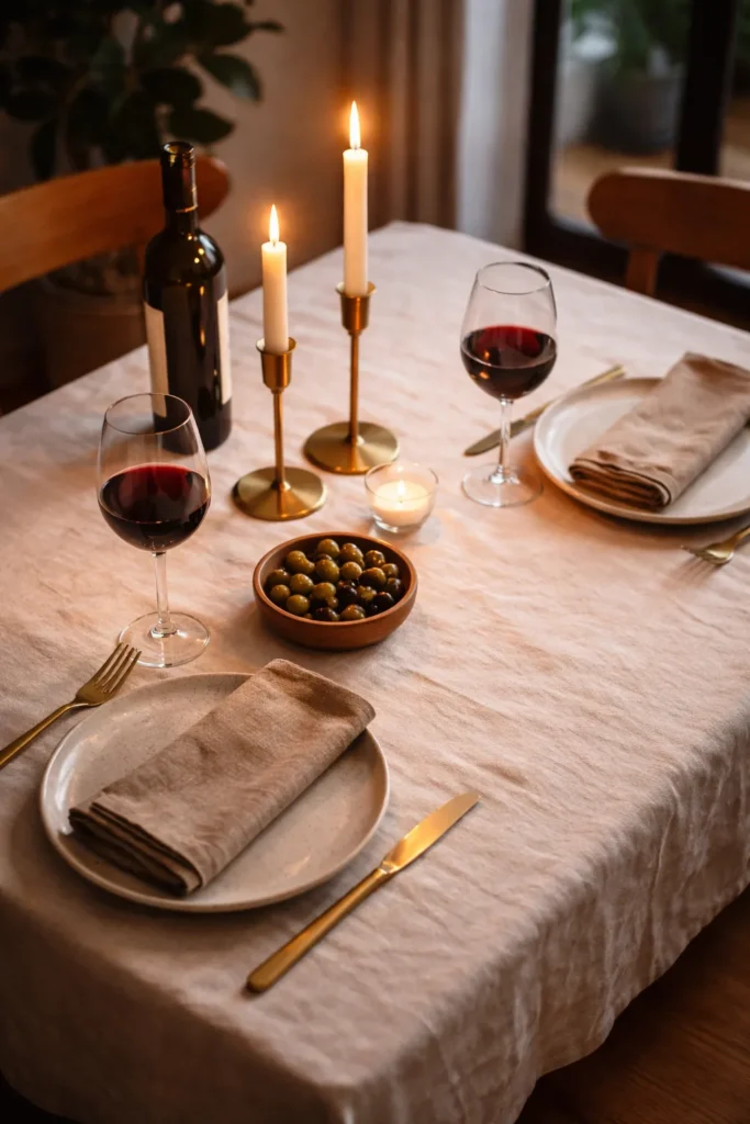 Beautifully set dining table with candles and olives