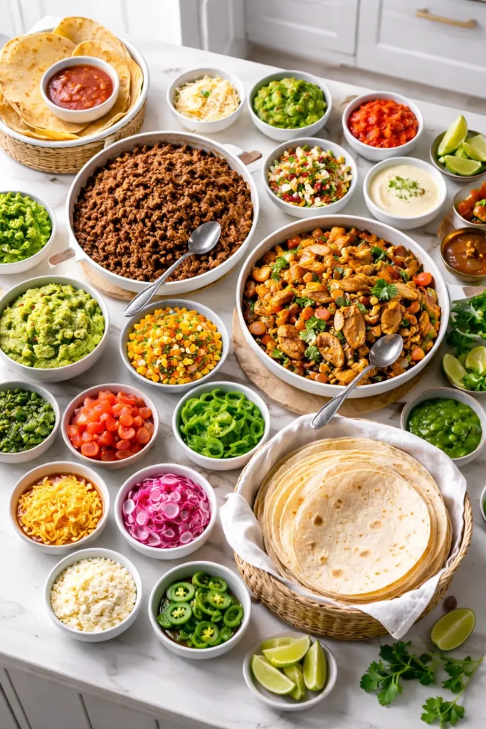 Taco bar setup with tortillas, proteins, and toppings