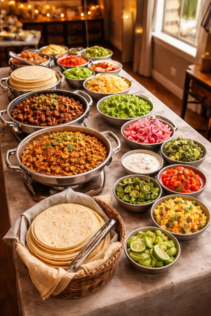 Taco bar setup with tortillas and toppings