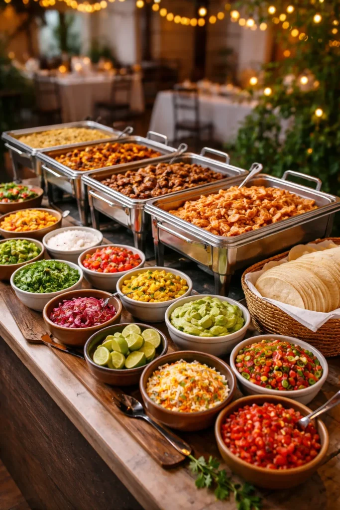 Self-serve taco bar with toppings and warm tortillas at a wedding venue