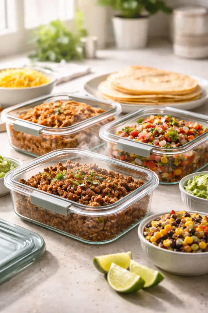 Glass containers with taco fillings on a kitchen counter