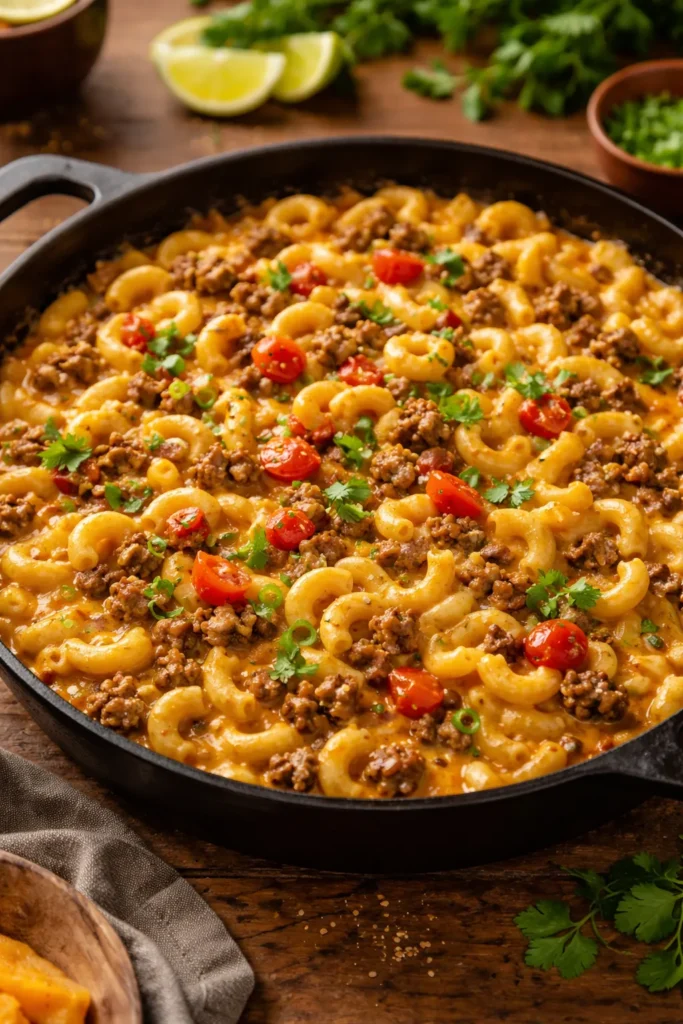 Creamy taco macaroni and cheese in a skillet with beef and cheese