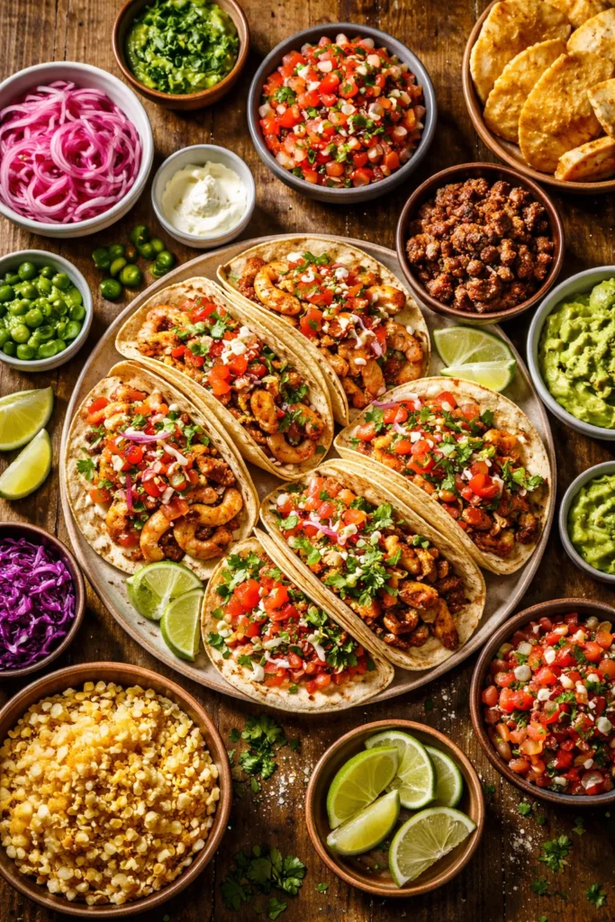Colorful tacos with toppings ready for building your own tacos