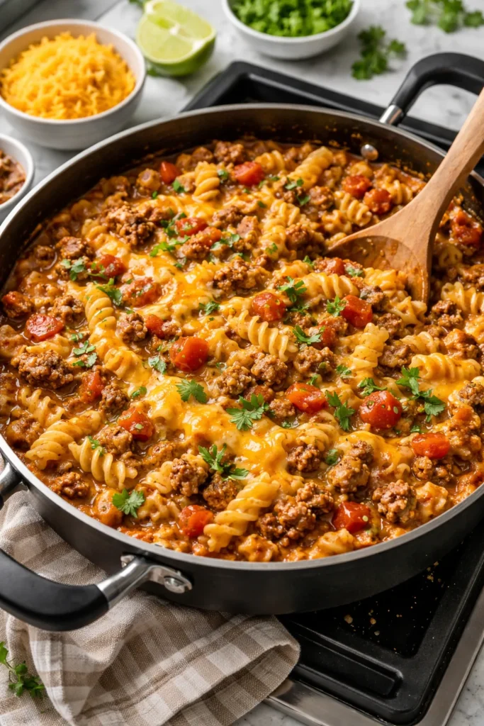 One-pot taco pasta in a skillet with pasta and beef