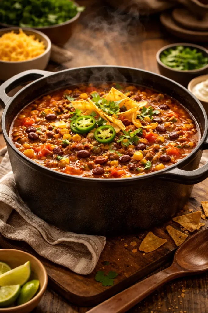 Steaming taco soup in a cast-iron pot on a wooden counter