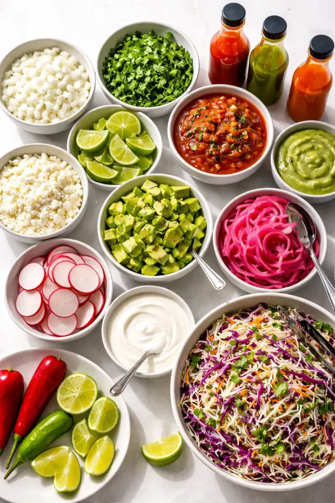 Assorted taco toppings arranged in bowls forming a topping bar