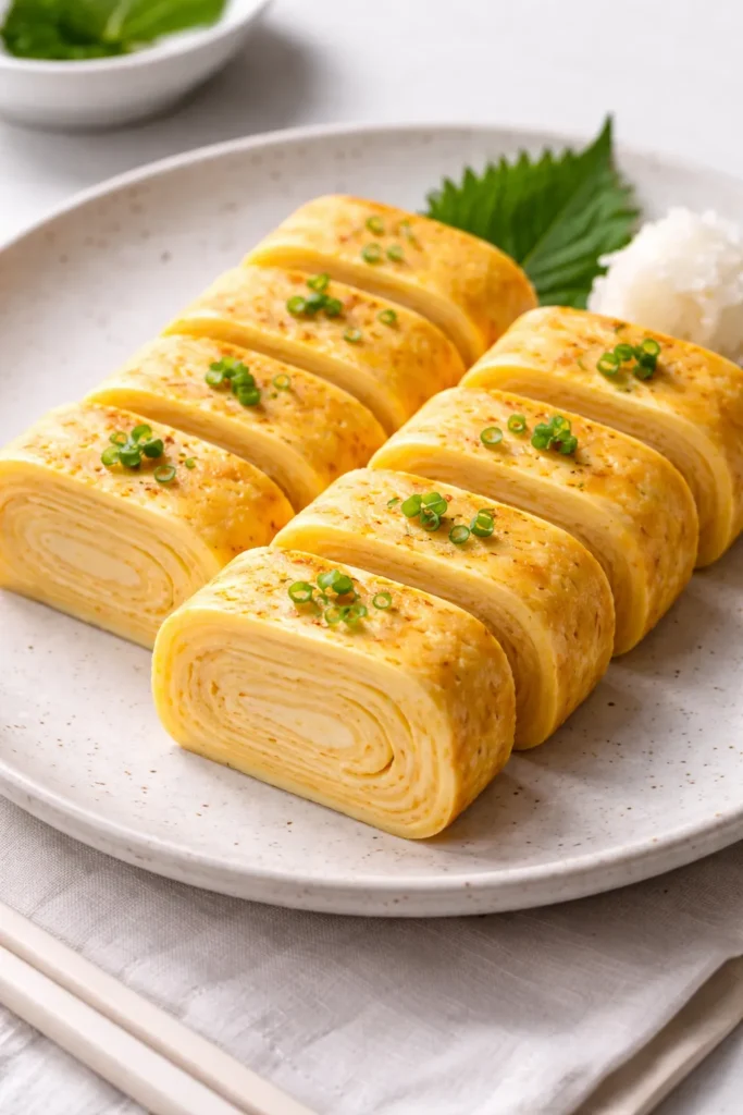 Cross-section of tamagoyaki showing distinct layered sheets