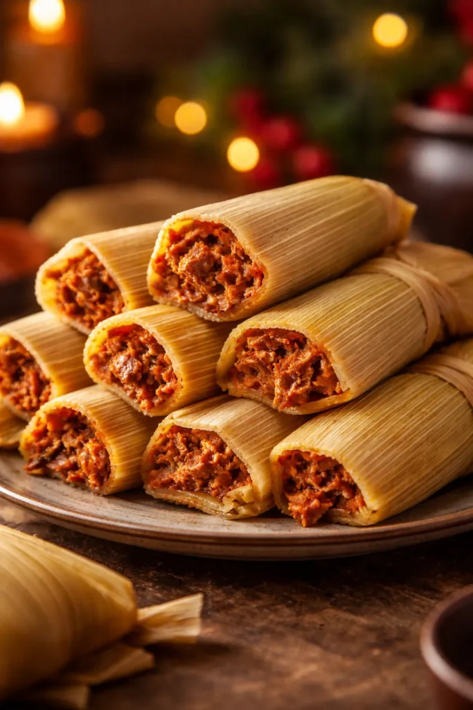 Tamales wrapped in corn husks with pork filling
