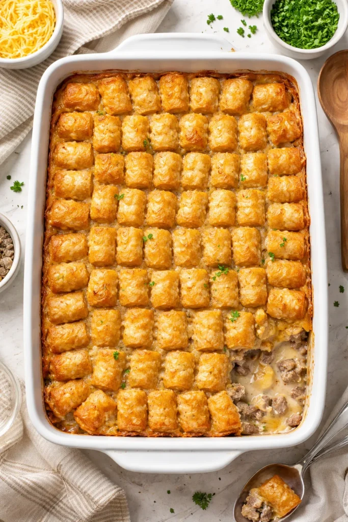 Casserole with golden tater tots on top