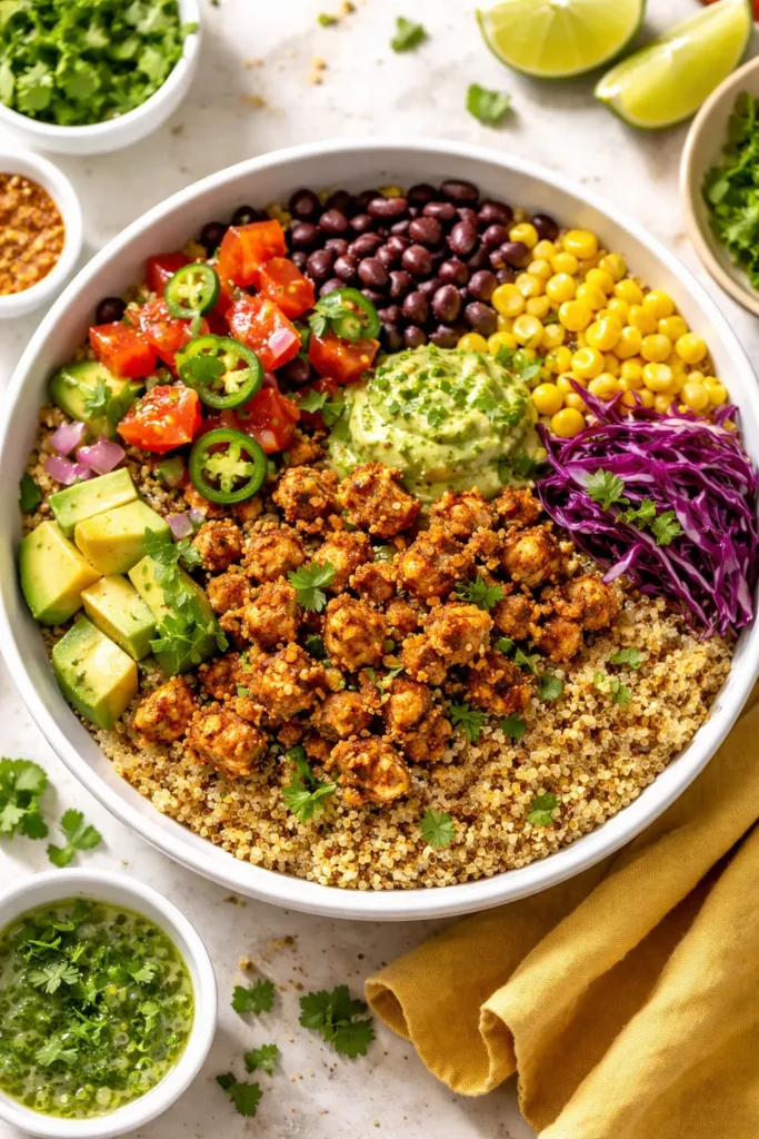 Tempeh burrito bowl with spiced quinoa, featuring tempeh, black beans, and colorful toppings.