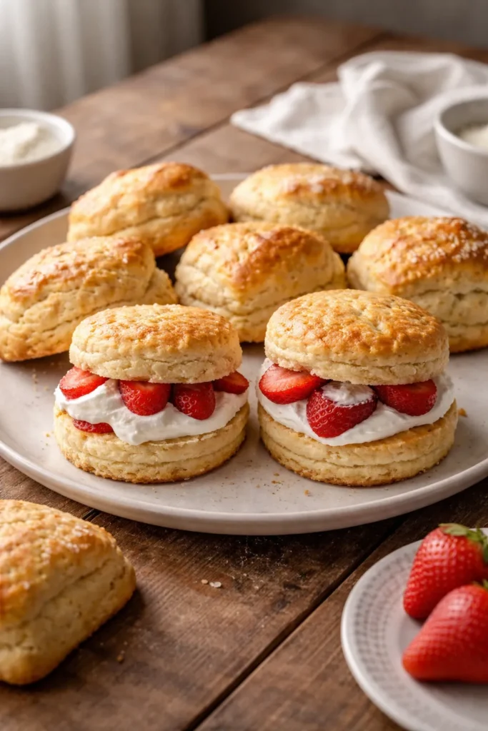 Light golden scones and shortcakes on a plate in warm kitchen light.