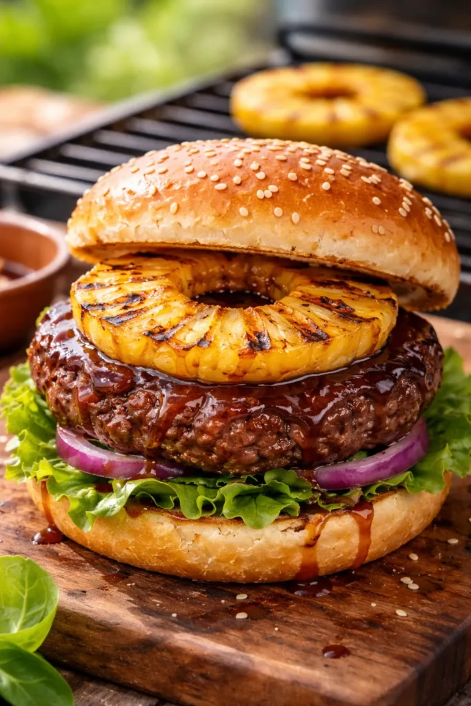 Beef burger with teriyaki glaze and grilled pineapple