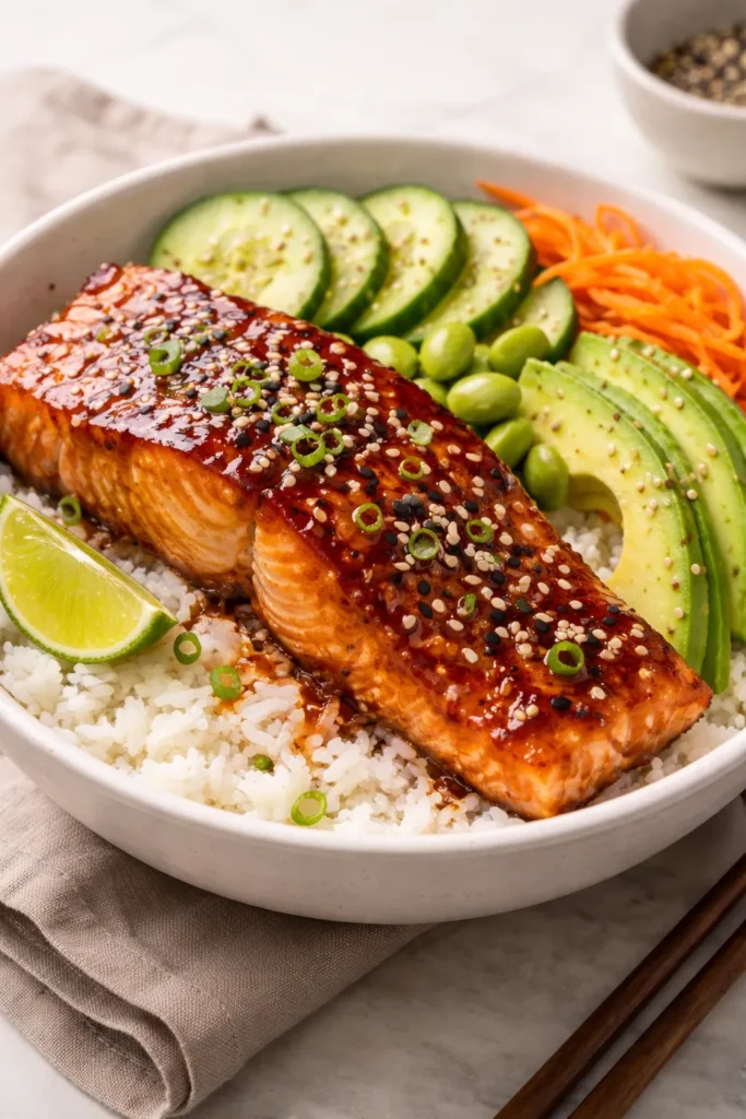 Teriyaki salmon bowl over rice with avocado and sesame