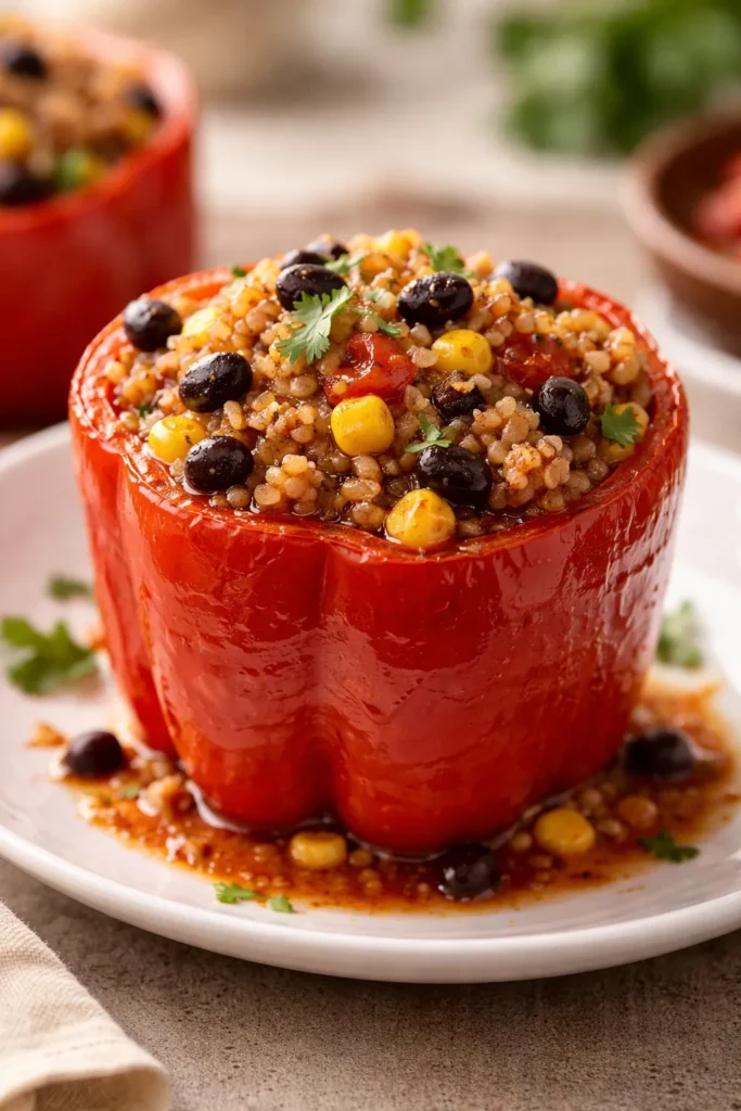 Close-up of a red bell pepper stuffed with Tex-Mex black beans and corn on a plate