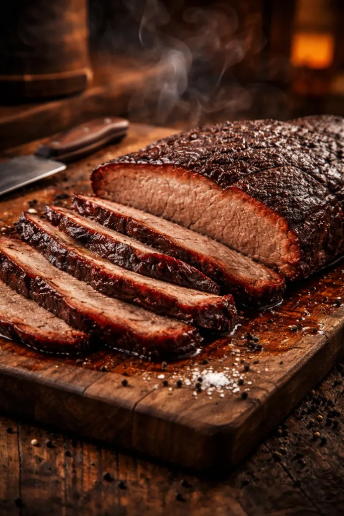 Smoked Texas-Style beef brisket slices with mahogany bark on a wooden board