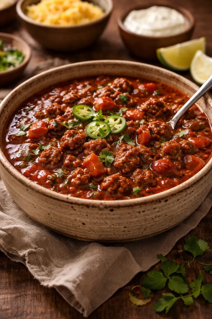 Bowl of Texas-style beef chili with chunks