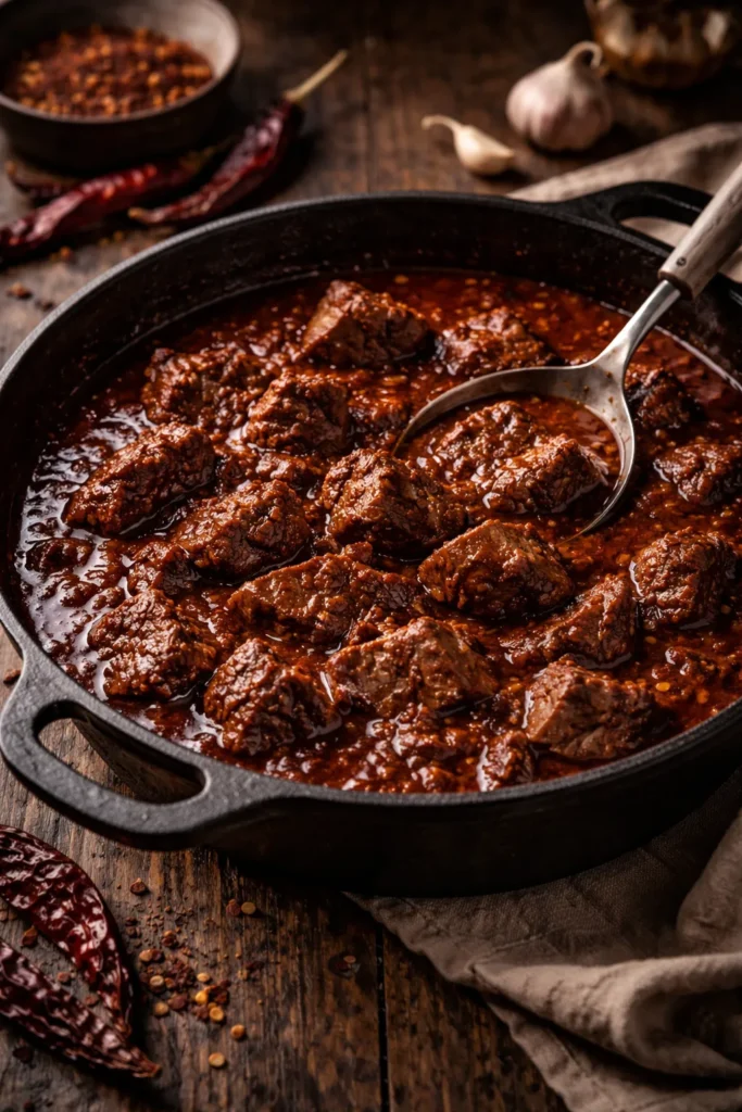 Beef chunks in a deep, chile-rich Texas chili sauce in a cast-iron skillet.