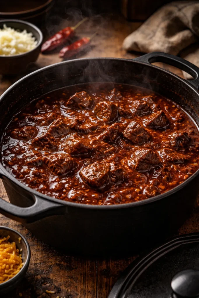 Thick Texas chili in a pot with steam rising