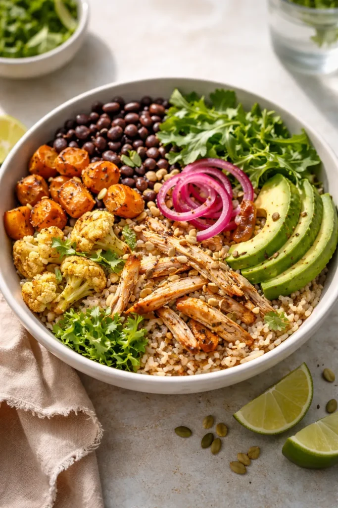 Tex-Mex chicken power bowl with rice, beans, chicken, avocado and seeds
