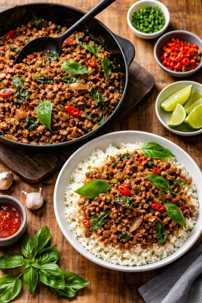 Beef with Thai basil over cauliflower rice in a skillet