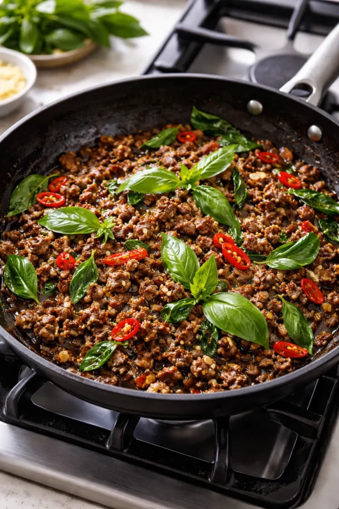 Thai basil ground beef sizzling in a pan with fresh basil.