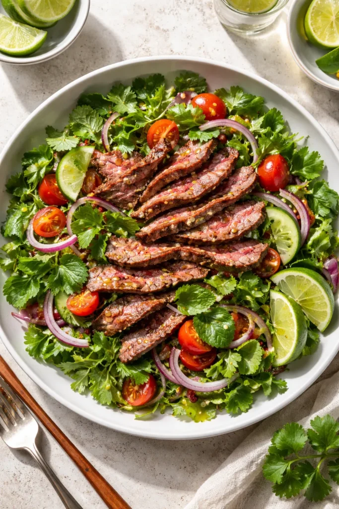Thai beef salad with fresh herbs and lime dressing on a plate
