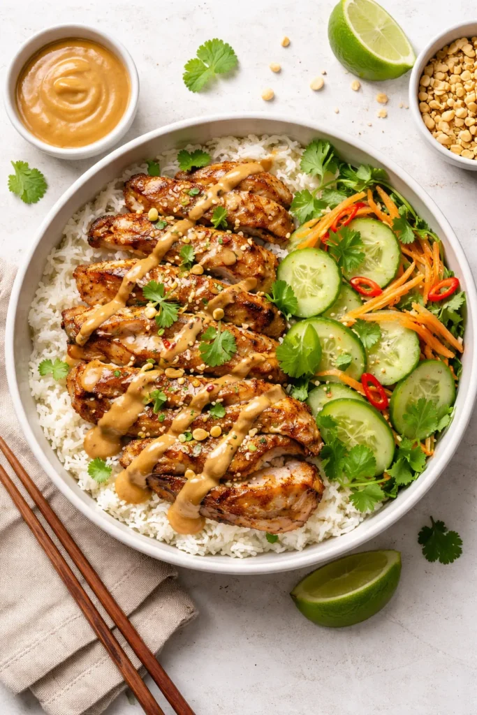 Thai chicken satay bowl with jasmine rice and peanut sauce