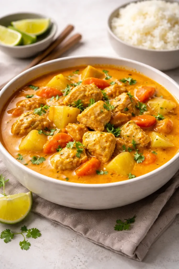 Creamy Thai coconut curry with chicken, potatoes, and carrots in a bowl