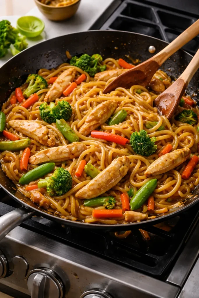 Thai peanut chicken noodles in a wok with vegetables and peanut sauce