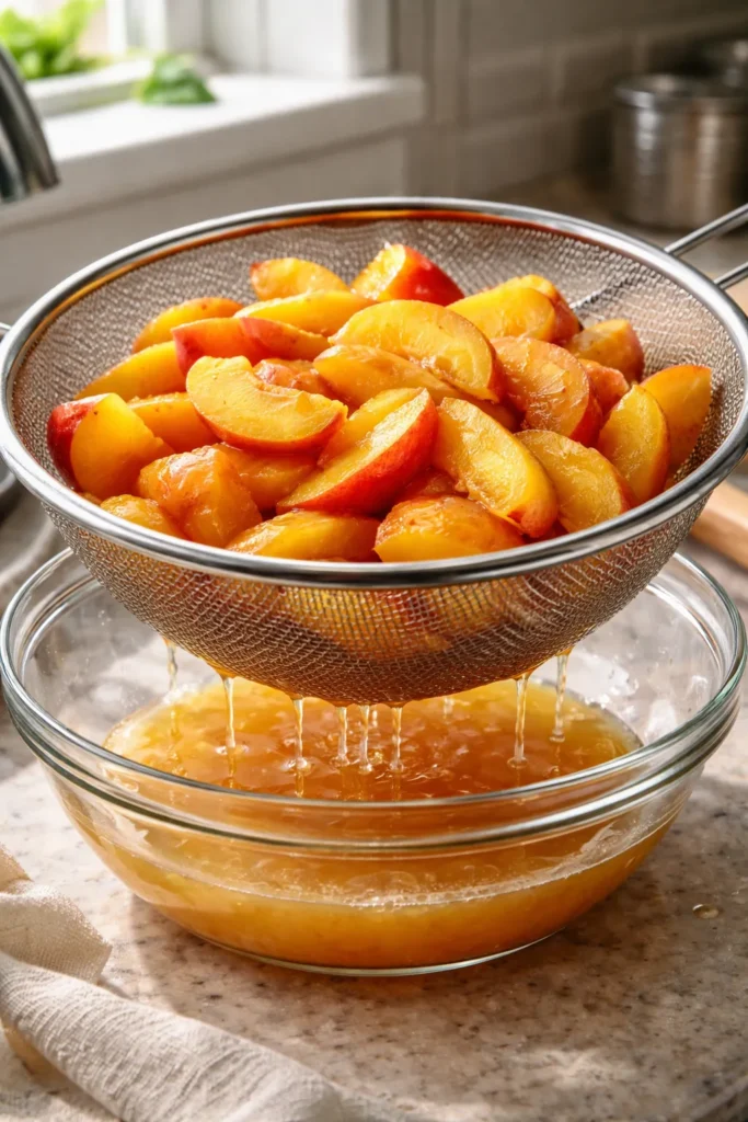 Thawed peaches draining in a fine-mesh colander over a bowl