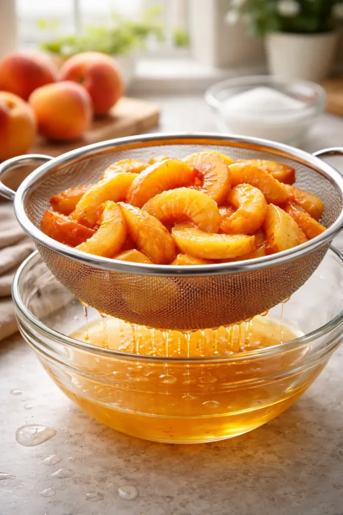 Thawed peach slices draining in a colander