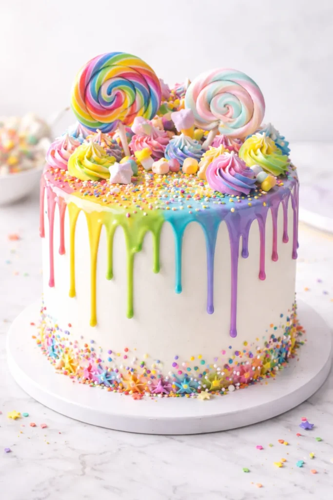 Themed drip cake with rainbow drizzle on a plain board
