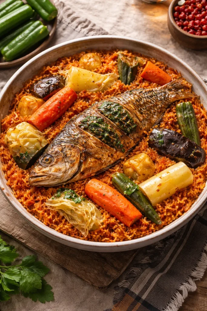Thieboudienne rice and fish in a wide bowl with vegetables.