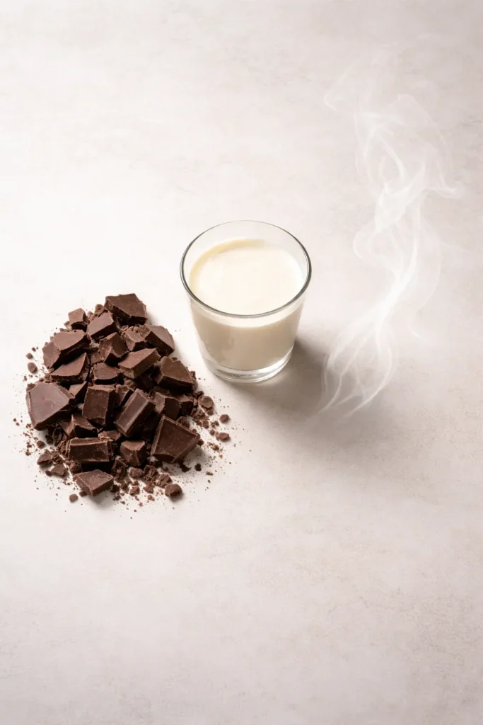 Visual representation of three ingredients: chocolate, cream, and steam