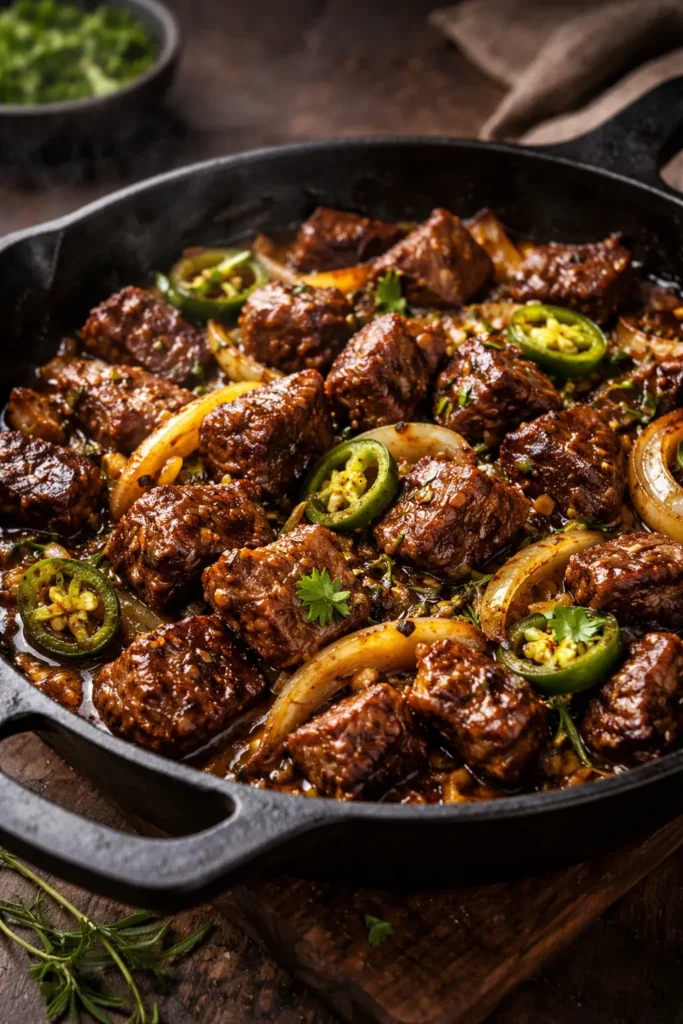 Sautéed tibs beef in cast iron skillet