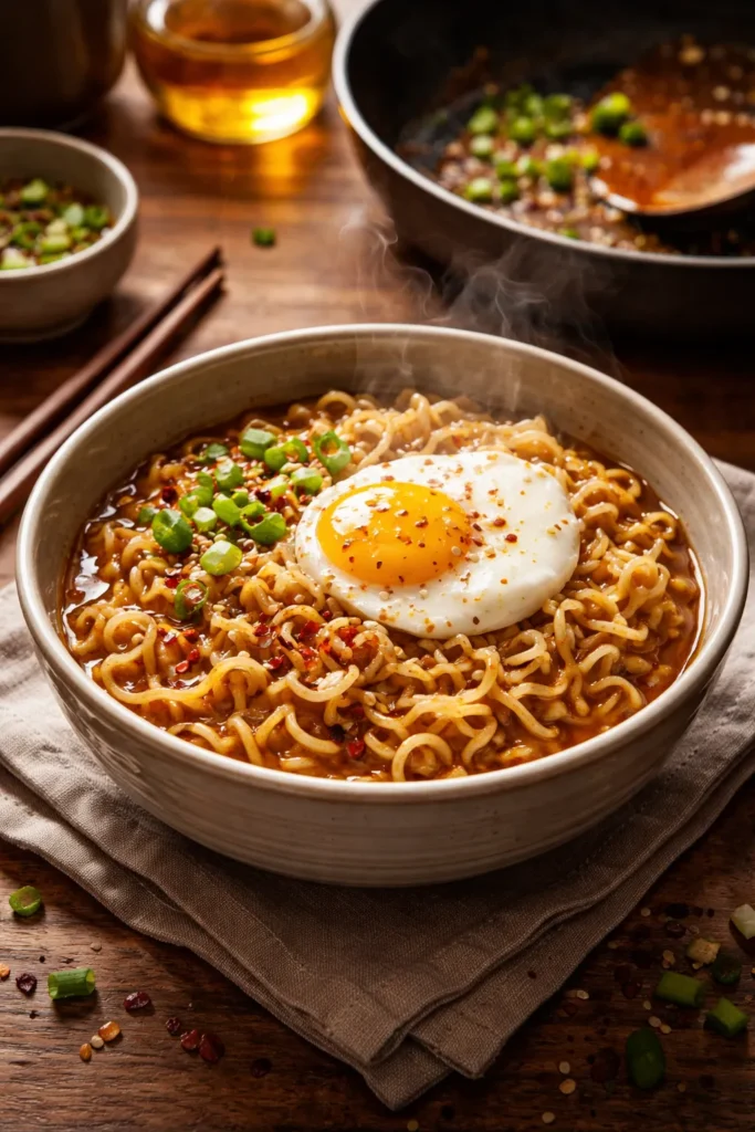 Glossy ramen with butter and egg in a bowl, steaming hot